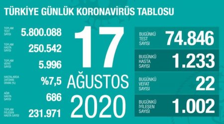 Türkiyədə son sutkada koronavirusdan 22 nəfər ölüb